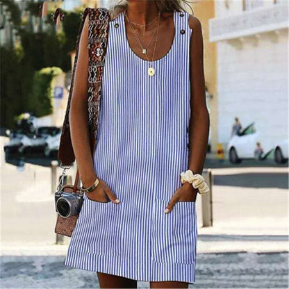 jumpsuit à col rond, poche rayée, bouton, jupe de jumpsuit décontractée