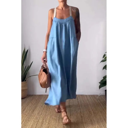 Robe longue en chambray avec poches et bretelles contrastées couleur beau blue
