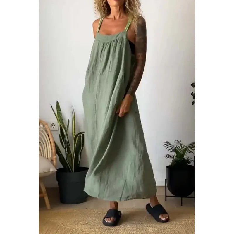 Robe longue en chambray avec poches et bretelles contrastées couleur beau blue