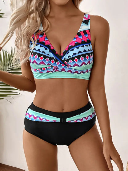 Bikini chic et à la mode avec imprimé aléatoire et décolleté en V