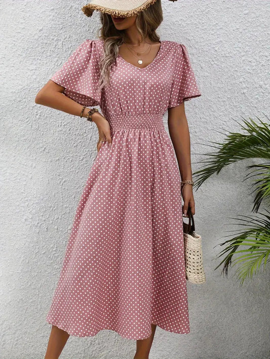 Robe imprimée sur toute la surface et taille arrondie, robe décontractée à manches courtes