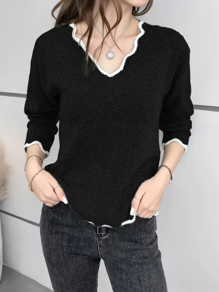 Adi - pull en tricot décontracté avec manches longues, garniture en coquillage et encolure en V