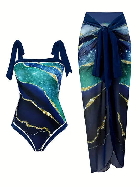 Maillot de bain élégant et jupe avec imprimé marbre en une seule pièce