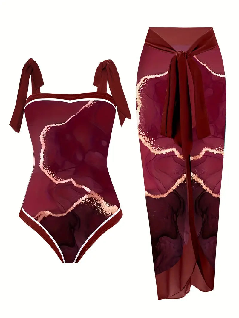 Maillot de bain élégant et jupe avec imprimé marbre en une seule pièce