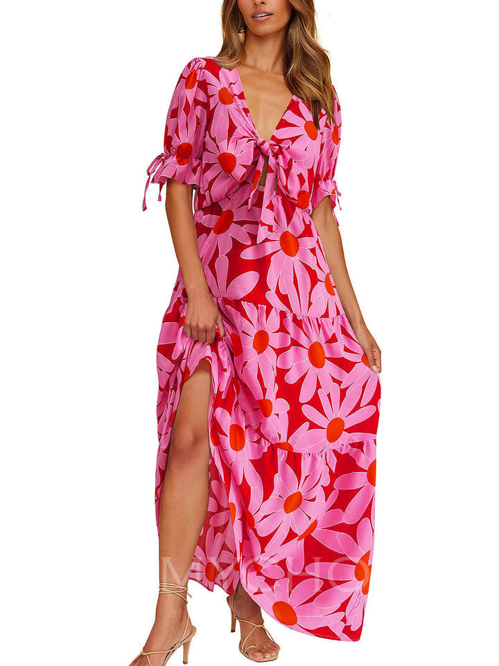 Robe de plage décontractée à imprimé floral, manches courtes et encolure en V fendue