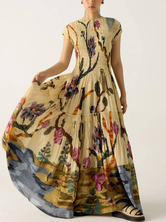 Robe longue fluide à imprimé artistique et manches courtes