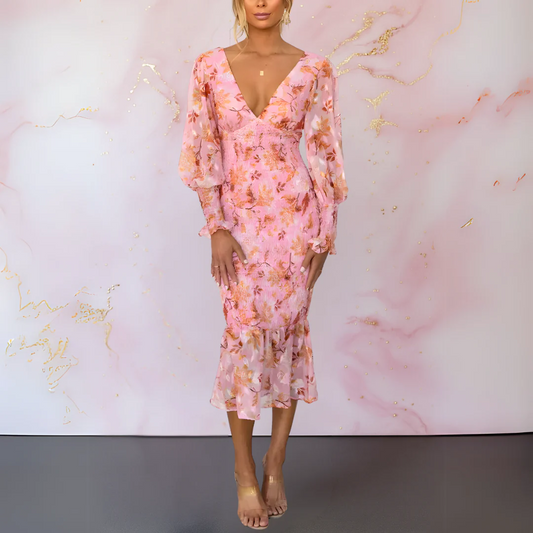 Robe midi à motif floral, encolure en V et manches longues bouffantes