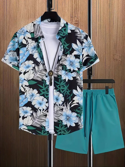 Victor - Chemise à revers imprimé graphique floral et short à cordon