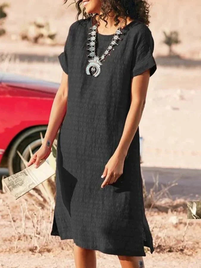Kyla - Robe midi d'été à col rond et manches courtes