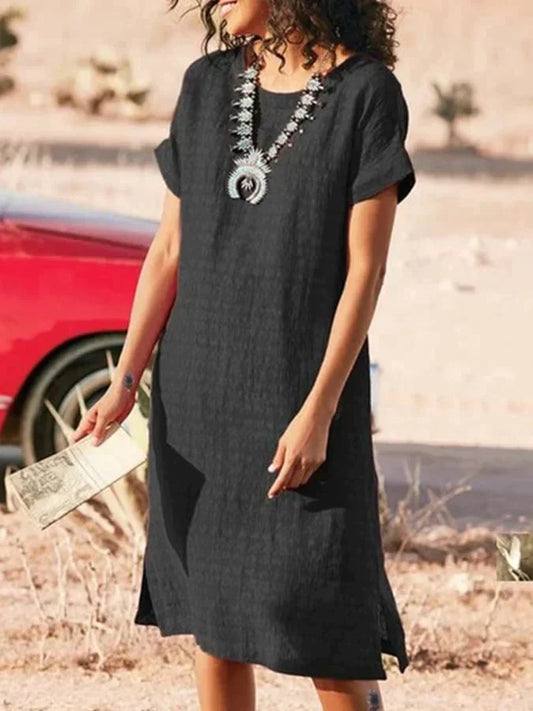 Kyla - Robe midi d'été à col rond et manches courtes