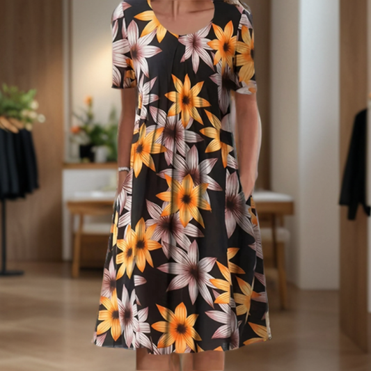 Robe ample à encolure ronde, manches trois-quarts et imprimé