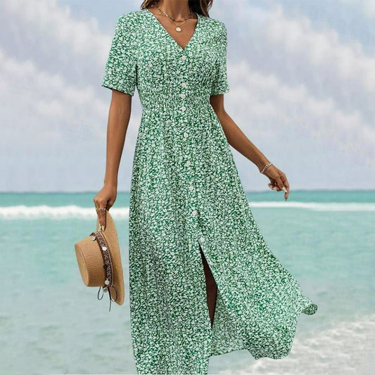 Robe longue aérienne à manches courtes et col en V