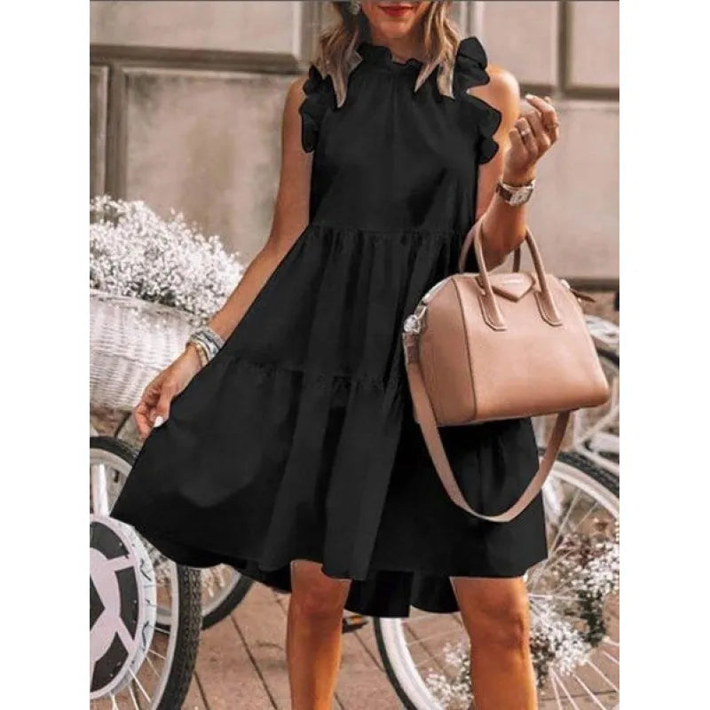 Mode Doux et lisse avec des volants mixtes, robe coupe A avec encolure ronde