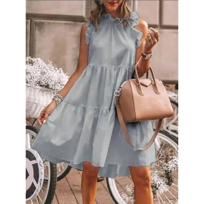 Mode Doux et lisse avec des volants mixtes, robe coupe A avec encolure ronde