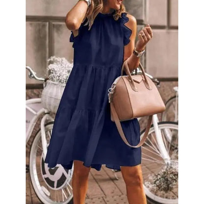 Mode Doux et lisse avec des volants mixtes, robe coupe A avec encolure ronde