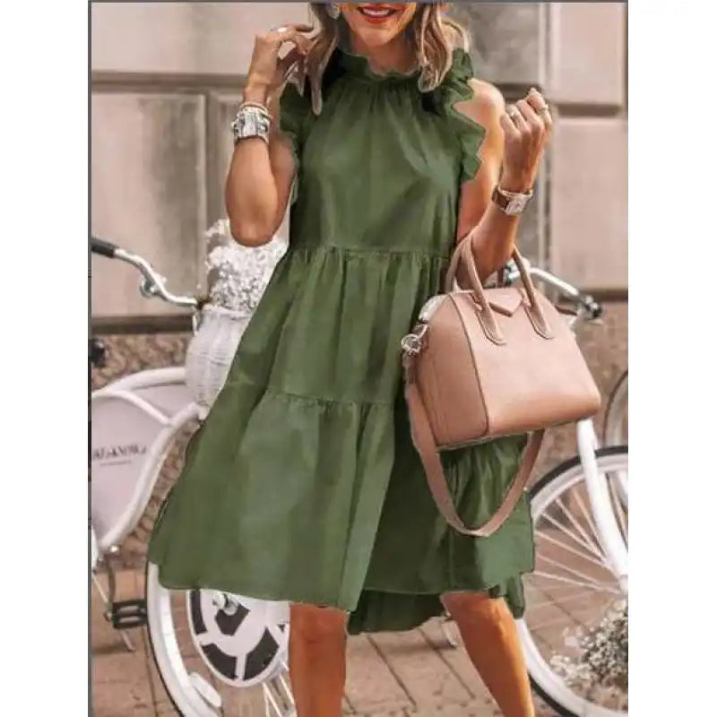Mode Doux et lisse avec des volants mixtes, robe coupe A avec encolure ronde