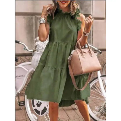 Mode Doux et lisse avec des volants mixtes, robe coupe A avec encolure ronde