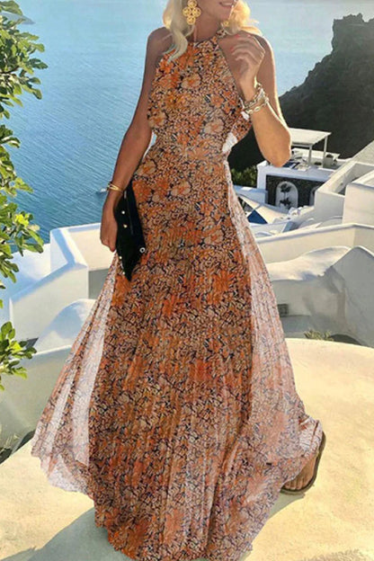 Cassey - Robe plissée dos nu patchwork à imprimé bohème