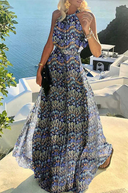 Cassey - Robe plissée dos nu patchwork à imprimé bohème