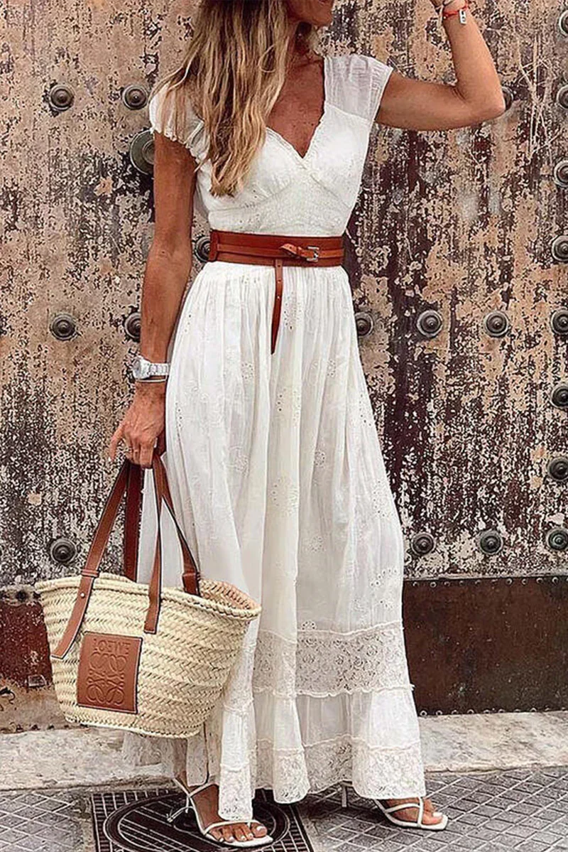 Casual Solid Patchwork V-Neck Waist Skirt Robes