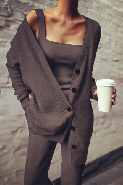 Casual Solid Cardigan Vest Trousers Square Collar Long Sleeves Three-Piece Set (3 Colours)