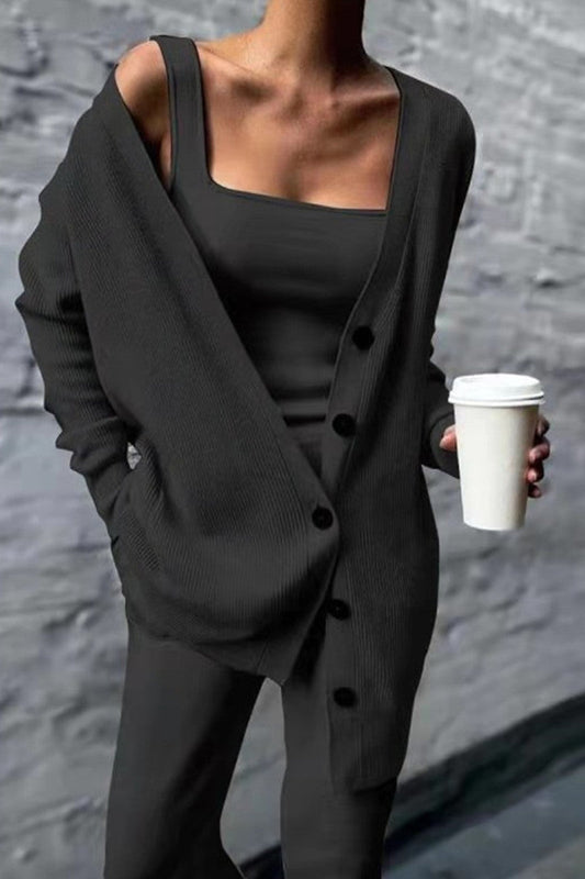 Casual Solid Cardigan Vest Trousers Square Collar Long Sleeves Three-Piece Set (3 Colours)