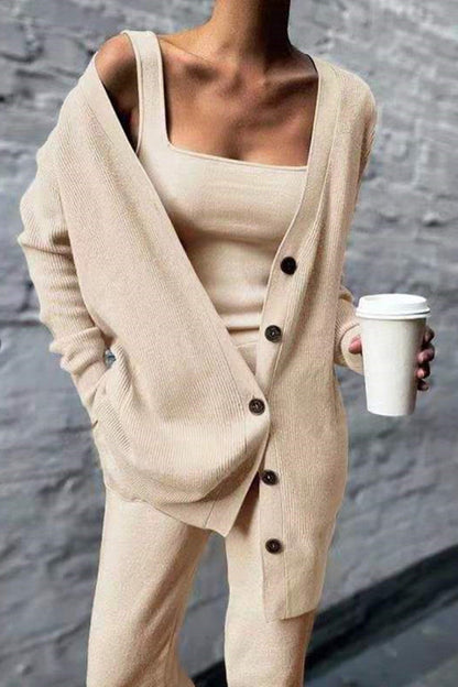 Casual Solid Cardigan Vest Trousers Square Collar Long Sleeves Three-Piece Set (3 Colours)