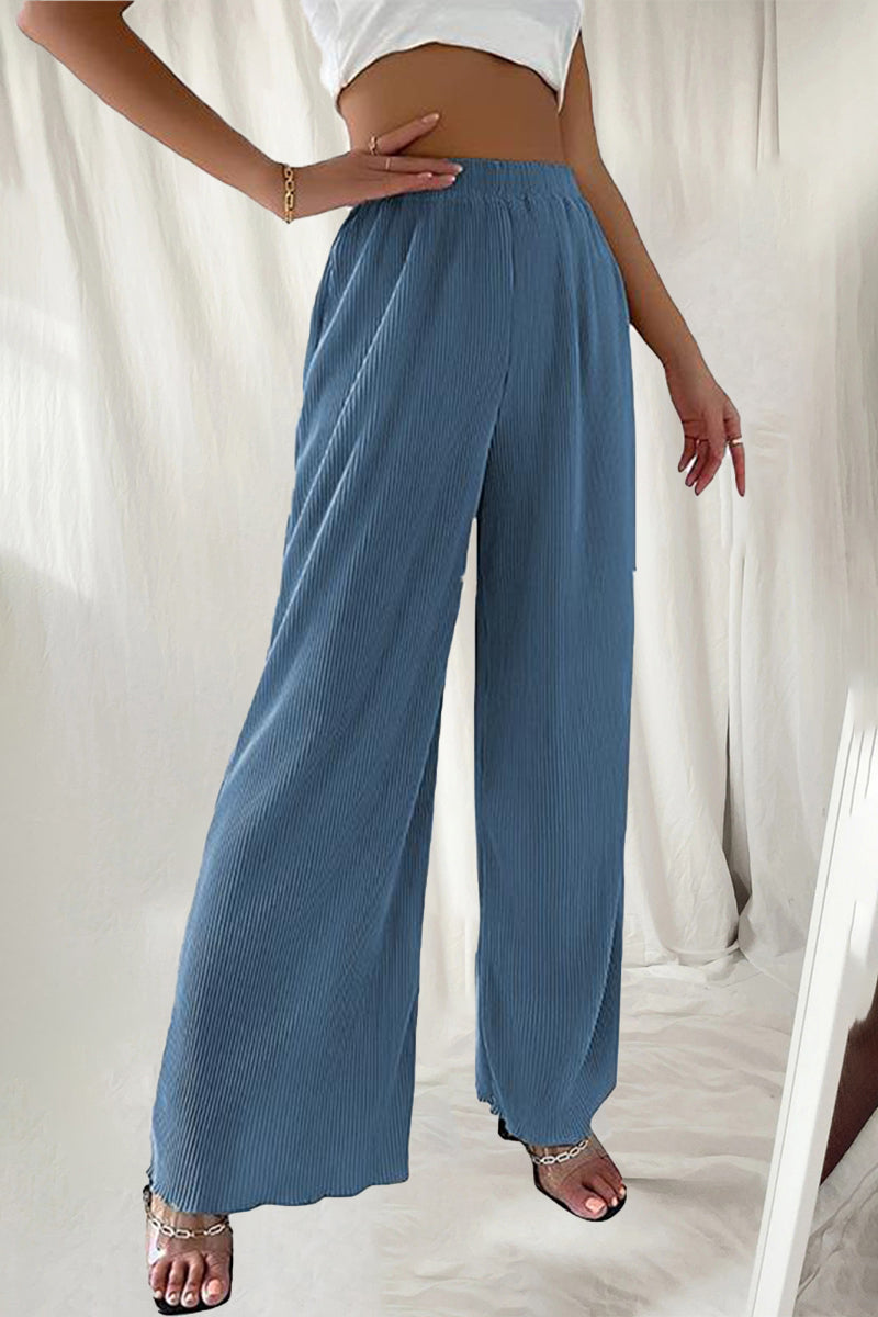 Casual Simplicity Pantalon uni de couleur unie à plis solides, taille haute et large (7 coloris)