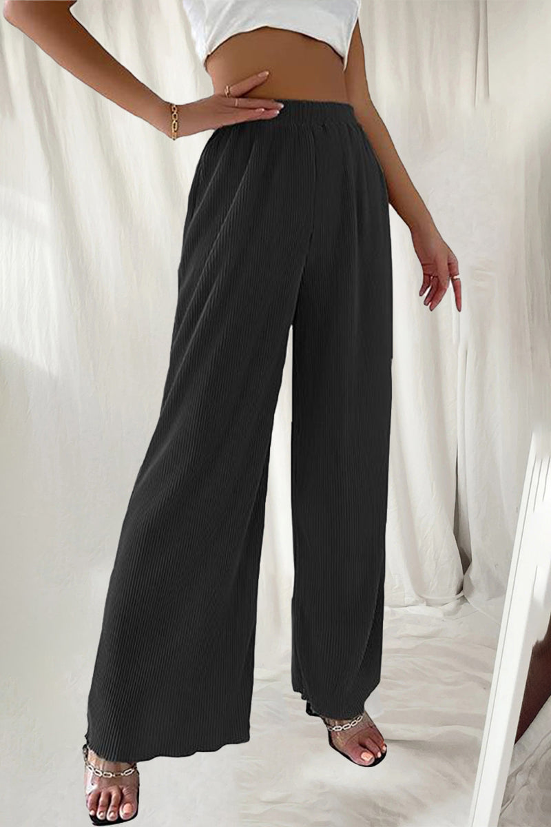Casual Simplicity Pantalon uni de couleur unie à plis solides, taille haute et large (7 coloris)