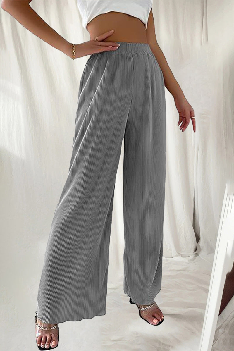 Casual Simplicity Pantalon uni de couleur unie à plis solides, taille haute et large (7 coloris)