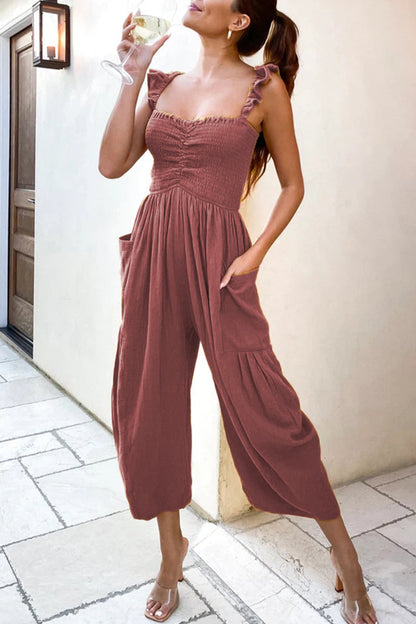Casual Street Solid Patchwork Pocket Spaghetti Strap Straight Jumpsuits (4 Couleurs)