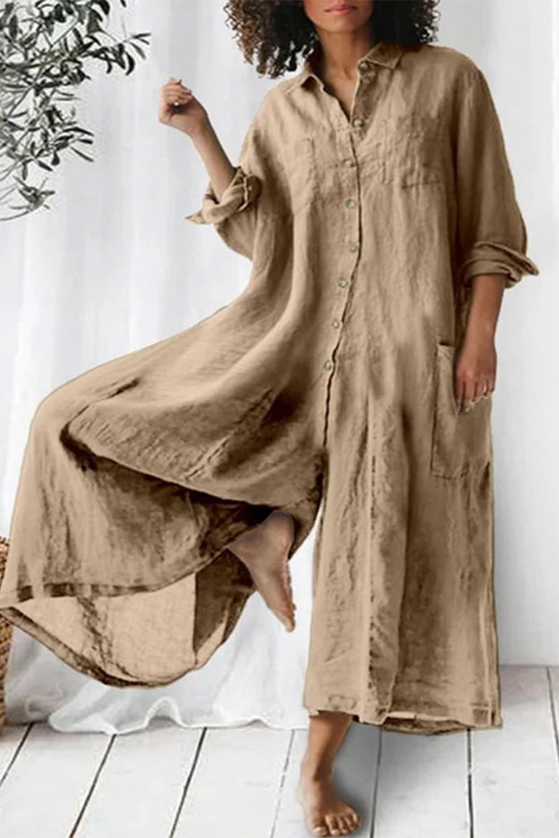 Casual holiday solid pocket buttons turn-down collar loose jumpsuits (3 couleurs)