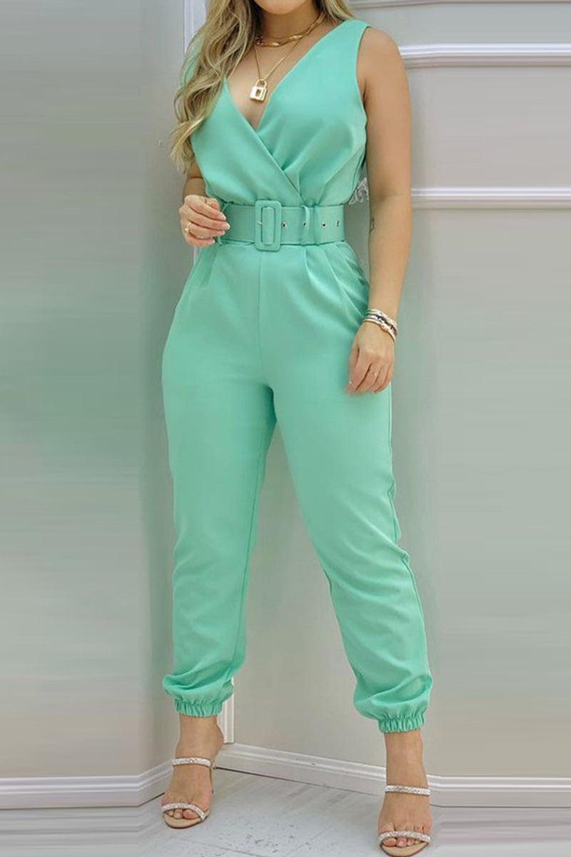 Sexy Casual Solid Backless With Belt V Neck Regular Jumpsuits (Combinaisons décontractées sans dos avec ceinture)