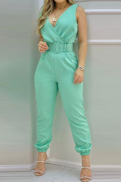 Sexy Casual Solid Backless With Belt V Neck Regular Jumpsuits (Combinaisons décontractées sans dos avec ceinture)