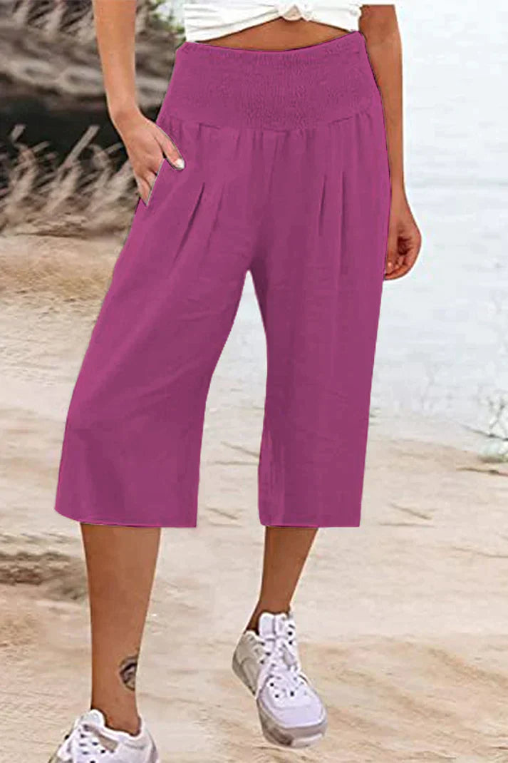 Pantalon uni uni avec taille haute et jambes larges, mi-longueur