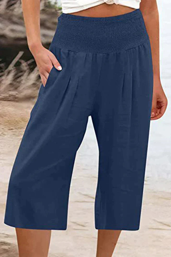 Pantalon uni uni avec taille haute et jambes larges, mi-longueur
