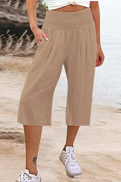 Pantalon uni uni avec taille haute et jambes larges, mi-longueur