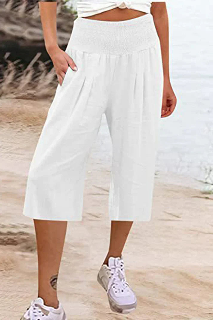 Pantalon uni uni avec taille haute et jambes larges, mi-longueur