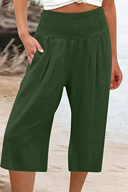 Pantalon uni uni avec taille haute et jambes larges, mi-longueur