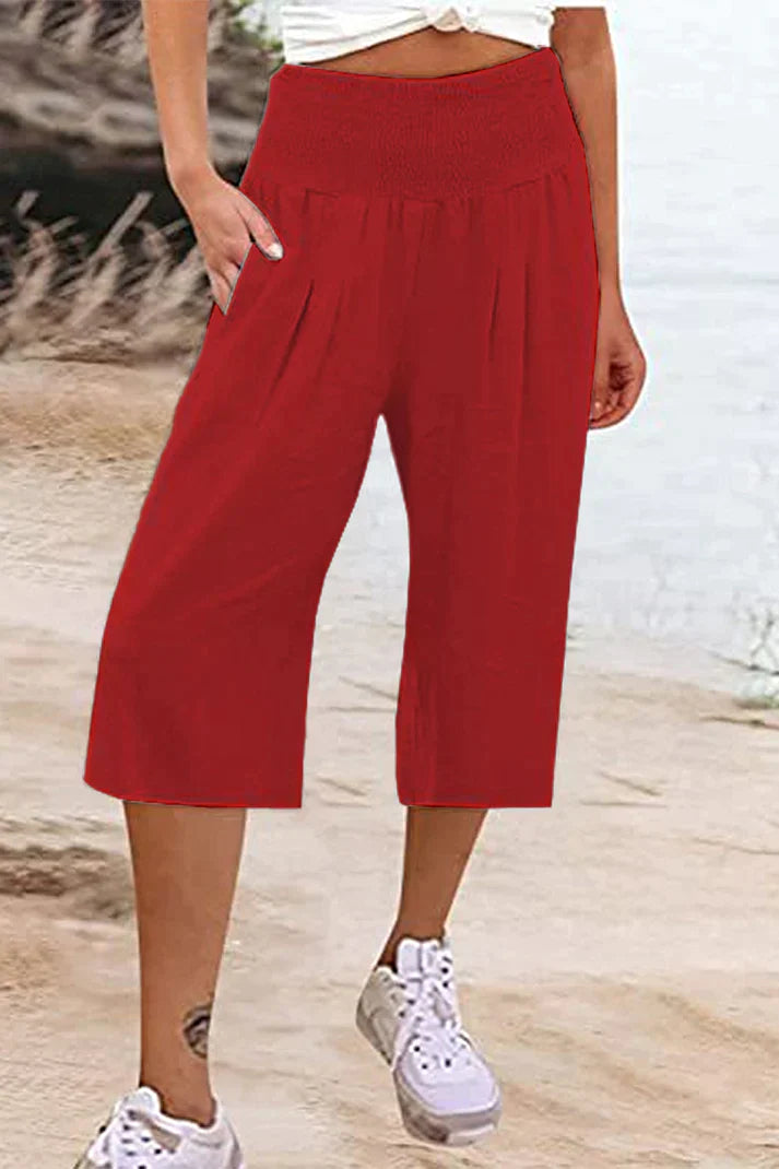 Pantalon uni uni avec taille haute et jambes larges, mi-longueur