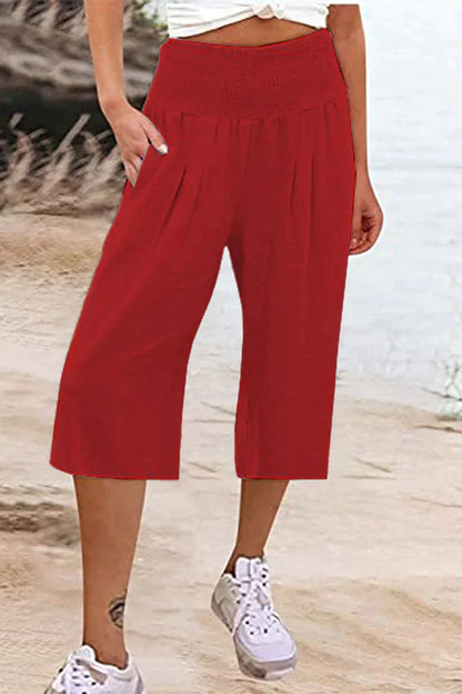 Pantalon uni uni avec taille haute et jambes larges, mi-longueur