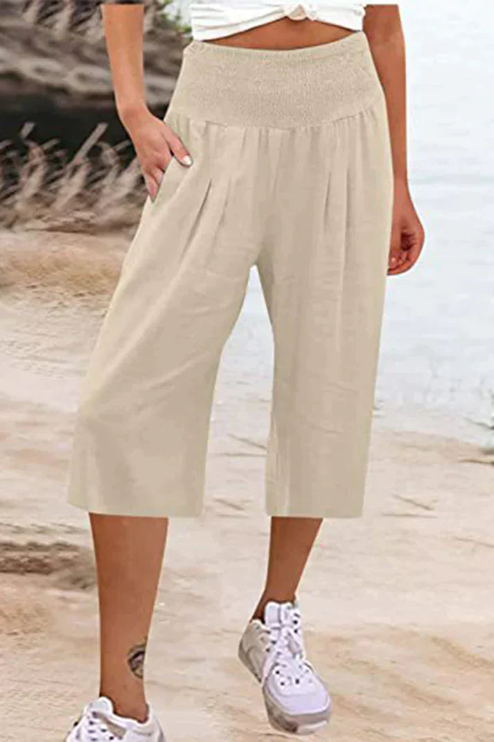 Amelyn - Pantalon simple à taille haute et à jambes larges, unicolore, mi-longueur