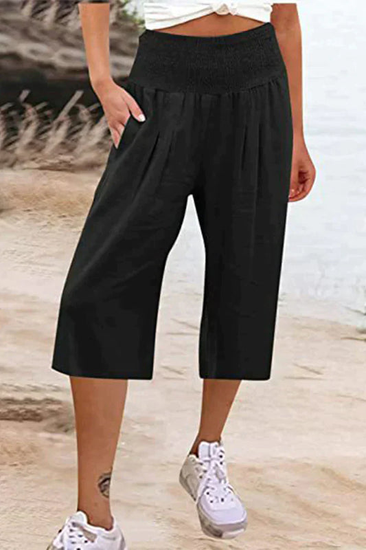 Pantalon uni uni avec taille haute et jambes larges, mi-longueur