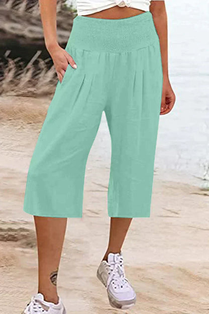 Pantalon uni uni avec taille haute et jambes larges, mi-longueur