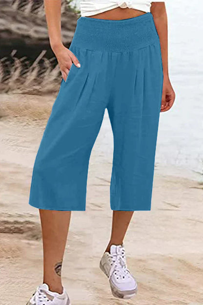 Pantalon uni uni avec taille haute et jambes larges, mi-longueur