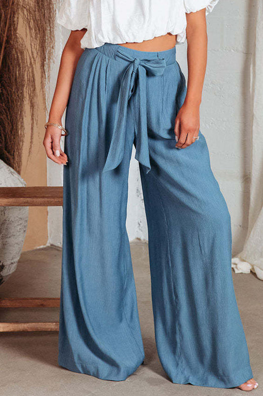 Pantalon décontracté de couleur unie à poche frangée, ample, taille haute et jambe large