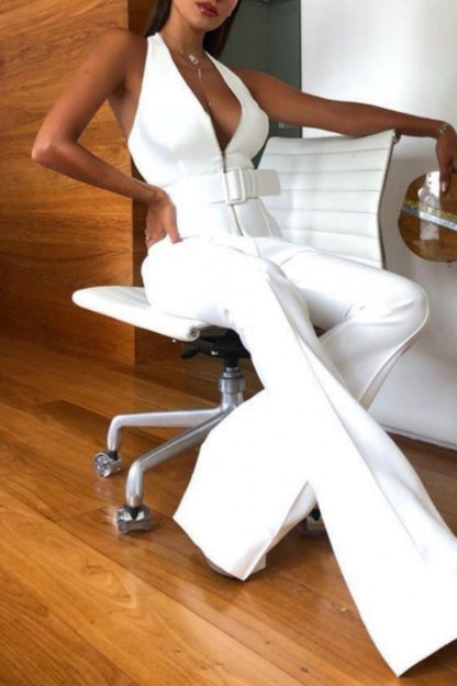 Casual Solid Backless With Belt Halter Skinny Jumpsuits (Combinaisons skinny dos nu avec ceinture)