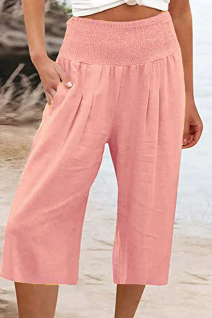 Pantalon uni uni avec taille haute et jambes larges, mi-longueur