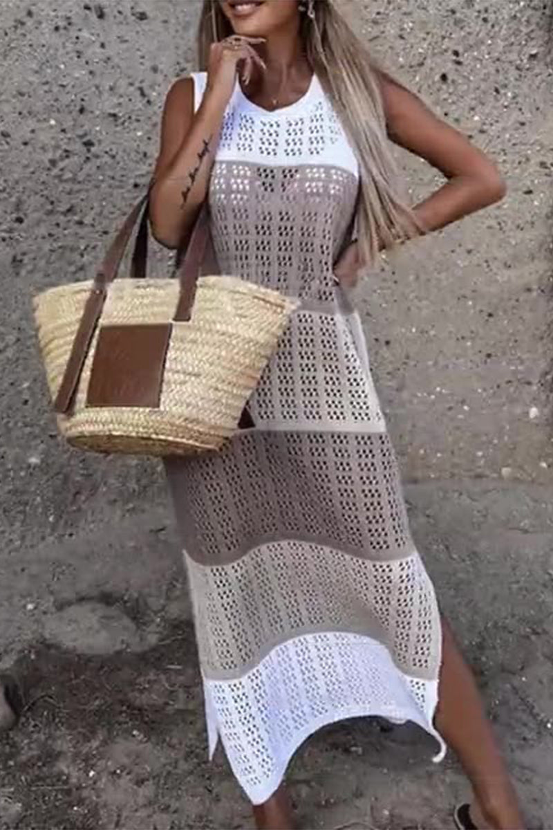 Maillot de bain décontracté à fente contrastée, solide, pour les vacances.
