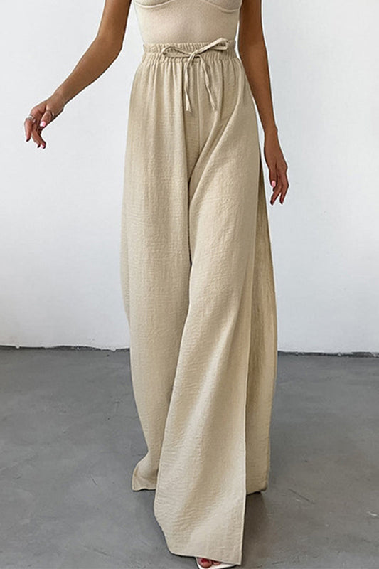 Casual Daily Colour Lace Up Slit Loose High Waist Pants with Wide Legs (Pantalon taille haute à jambes larges)